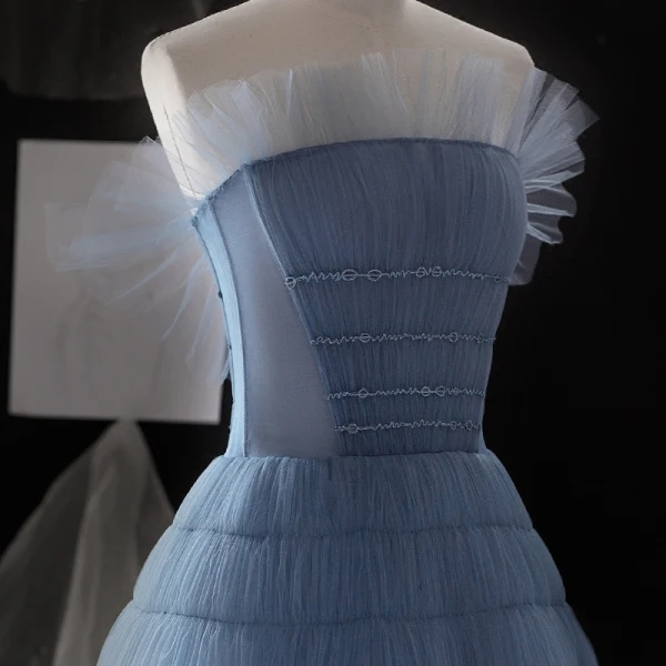 Elegant Ocean Blue Summer Homecoming Graduation Dresses 2018 A-Line / Princess Strapless Sleeveless Tea-length Ruffle Backless Formal Dresses