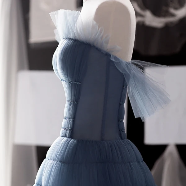 Elegant Ocean Blue Summer Homecoming Graduation Dresses 2018 A-Line / Princess Strapless Sleeveless Tea-length Ruffle Backless Formal Dresses