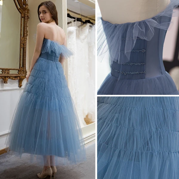 Elegant Ocean Blue Summer Homecoming Graduation Dresses 2018 A-Line / Princess Strapless Sleeveless Tea-length Ruffle Backless Formal Dresses