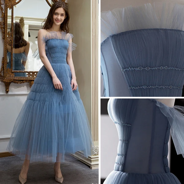 Elegant Ocean Blue Summer Homecoming Graduation Dresses 2018 A-Line / Princess Strapless Sleeveless Tea-length Ruffle Backless Formal Dresses