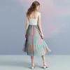 Colored Multi-Colors Summer Homecoming Graduation Dresses 2018 A-Line / Princess Shoulders Sleeveless Tea-length Pleated Backless Formal Dresses