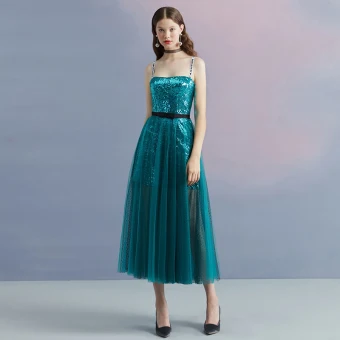 Sparkly Ink Blue Summer Homecoming Graduation Dresses 2018 A Line Princess Shoulders Sleeveless Sequins Spotted Tulle Tea Length Ruffle Backless Formal Dresses