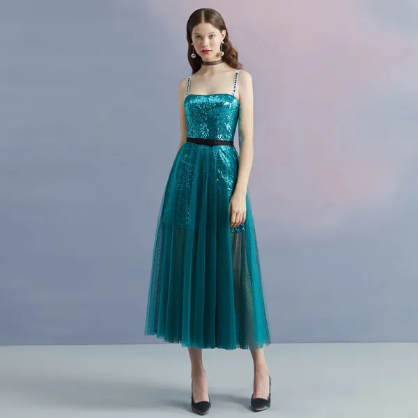 Sparkly Ink Blue Summer Homecoming Graduation Dresses 2018 A-Line / Princess Shoulders Sleeveless Sequins Spotted Tulle Tea-length Ruffle Backless Formal Dresses