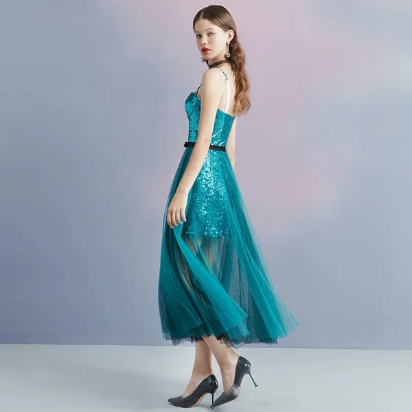 Sparkly Ink Blue Summer Homecoming Graduation Dresses 2018 A-Line / Princess Shoulders Sleeveless Sequins Spotted Tulle Tea-length Ruffle Backless Formal Dresses