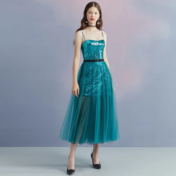 Sparkly Ink Blue Summer Homecoming Graduation Dresses 2018 A-Line / Princess Shoulders Sleeveless Sequins Spotted Tulle Tea-length Ruffle Backless Formal Dresses