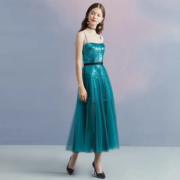 Sparkly Ink Blue Summer Homecoming Graduation Dresses 2018 A-Line / Princess Shoulders Sleeveless Sequins Spotted Tulle Tea-length Ruffle Backless Formal Dresses