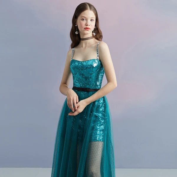 Sparkly Ink Blue Summer Homecoming Graduation Dresses 2018 A-Line / Princess Shoulders Sleeveless Sequins Spotted Tulle Tea-length Ruffle Backless Formal Dresses