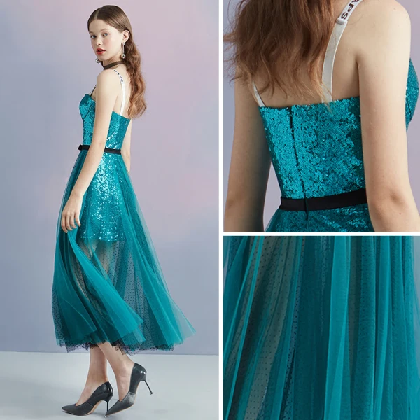 Sparkly Ink Blue Summer Homecoming Graduation Dresses 2018 A-Line / Princess Shoulders Sleeveless Sequins Spotted Tulle Tea-length Ruffle Backless Formal Dresses