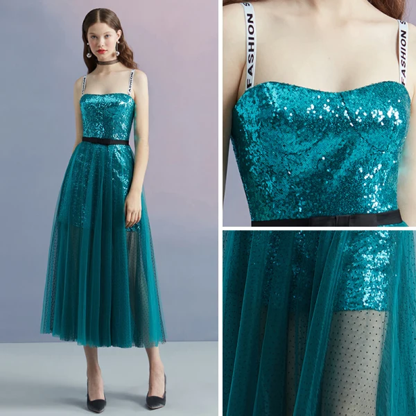 Sparkly Ink Blue Summer Homecoming Graduation Dresses 2018 A-Line / Princess Shoulders Sleeveless Sequins Spotted Tulle Tea-length Ruffle Backless Formal Dresses