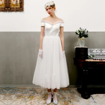 Vintage Retro Ivory Wedding Dresses 2018 A Line Princess Off The Shoulder Short Sleeve Backless Tea Length Ruffle