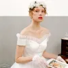 Vintage / Retro Ivory Wedding Dresses 2018 A-Line / Princess Off-The-Shoulder Short Sleeve Backless Tea-length Ruffle