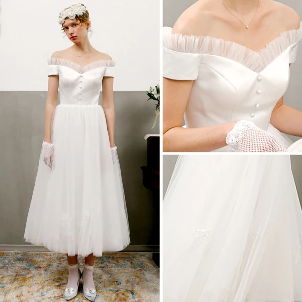 Vintage / Retro Ivory Wedding Dresses 2018 A-Line / Princess Off-The-Shoulder Short Sleeve Backless Tea-length Ruffle