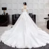 Modern / Fashion Champagne Wedding Dresses 2018 A-Line / Princess Scoop Neck Short Sleeve Backless Appliques Lace Beading Ruffle Cathedral Train