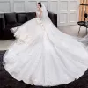 Modern / Fashion Champagne Wedding Dresses 2018 A-Line / Princess Scoop Neck Short Sleeve Backless Appliques Lace Beading Ruffle Cathedral Train