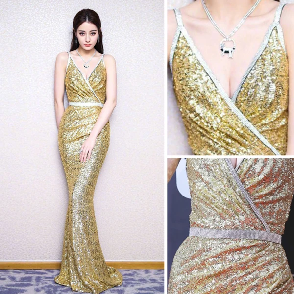 Scintillantes Doré Paillettes Robe De Soirée 2018 Trompette / Sirène Bretelles Spaghetti Sans Manches Faux Diamant Ceinture Longue Dos Nu Robe De Ceremonie