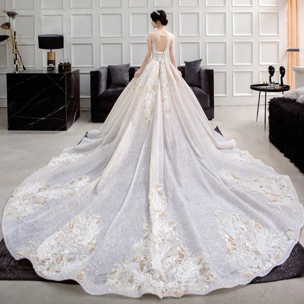 Luxury / Gorgeous Champagne Wedding Dresses 2018 Ball Gown Scoop Neck Sleeveless Backless Appliques Lace Glitter Tulle Ruffle Cathedral Train