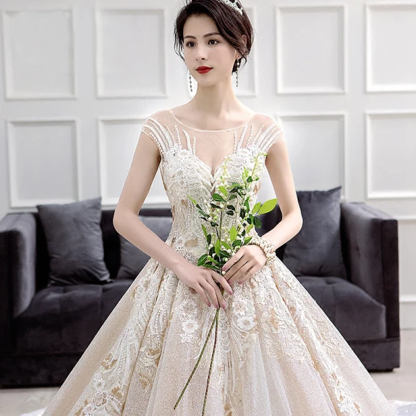 Luxury / Gorgeous Champagne Wedding Dresses 2018 Ball Gown Scoop Neck Sleeveless Backless Appliques Lace Glitter Tulle Ruffle Cathedral Train