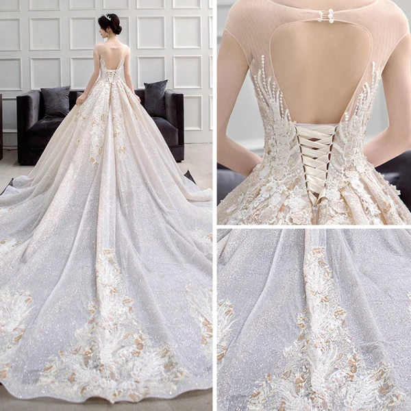 Luxury / Gorgeous Champagne Wedding Dresses 2018 Ball Gown Scoop Neck Sleeveless Backless Appliques Lace Glitter Tulle Ruffle Cathedral Train