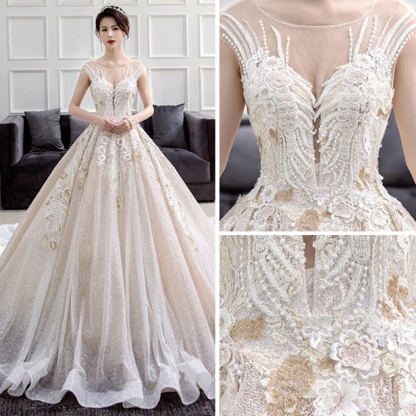 Luxury / Gorgeous Champagne Wedding Dresses 2018 Ball Gown Scoop Neck Sleeveless Backless Appliques Lace Glitter Tulle Ruffle Cathedral Train