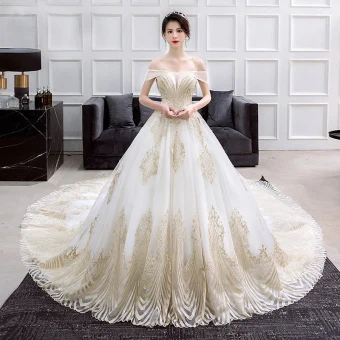 Luxury Gorgeous Gold Ivory Wedding Dresses 2018 Ball Gown Off The Shoulder Short Sleeve Backless Glitter Sequins Pearl Beading Ruffle Cathedral Train