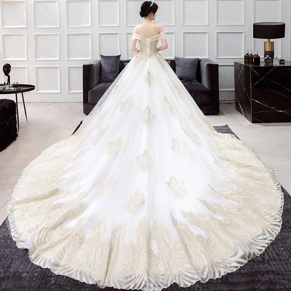 Luxury / Gorgeous Gold Ivory Wedding Dresses 2018 Ball Gown Off-The-Shoulder Short Sleeve Backless Glitter Sequins Pearl Beading Ruffle Cathedral Train