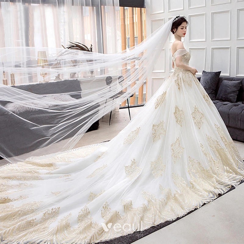 Luxury / Gorgeous Gold Ivory Wedding Dresses 2018 Ball Gown Off-The ...