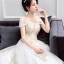 Luxury / Gorgeous Gold Ivory Wedding Dresses 2018 Ball Gown Off-The-Shoulder Short Sleeve Backless Glitter Sequins Pearl Beading Ruffle Cathedral Train