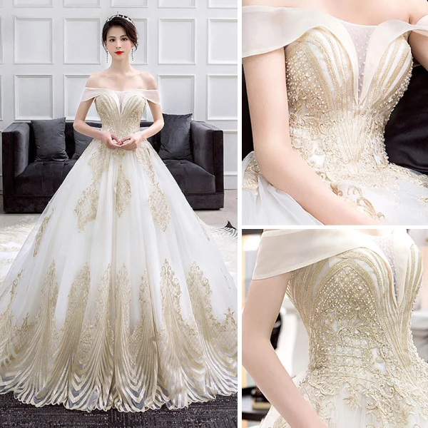Luxury / Gorgeous Gold Ivory Wedding Dresses 2018 Ball Gown Off-The-Shoulder Short Sleeve Backless Glitter Sequins Pearl Beading Ruffle Cathedral Train