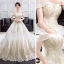 Luxury / Gorgeous Gold Ivory Wedding Dresses 2018 Ball Gown Off-The-Shoulder Short Sleeve Backless Glitter Sequins Pearl Beading Ruffle Cathedral Train
