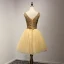 Modern / Fashion Gold Party Dresses 2017 Ball Gown V-Neck Sleeveless Beading Crystal Sequins Metal Sash Short Ruffle Backless Formal Dresses