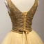 Modern / Fashion Gold Party Dresses 2017 Ball Gown V-Neck Sleeveless Beading Crystal Sequins Metal Sash Short Ruffle Backless Formal Dresses