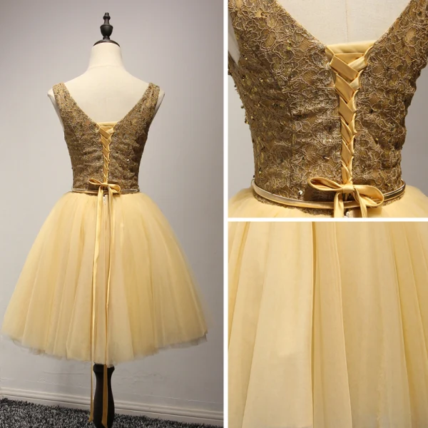 Modern / Fashion Gold Party Dresses 2017 Ball Gown V-Neck Sleeveless Beading Crystal Sequins Metal Sash Short Ruffle Backless Formal Dresses