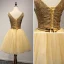 Modern / Fashion Gold Party Dresses 2017 Ball Gown V-Neck Sleeveless Beading Crystal Sequins Metal Sash Short Ruffle Backless Formal Dresses