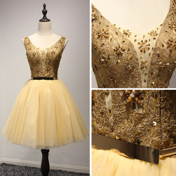 Modern / Fashion Gold Party Dresses 2017 Ball Gown V-Neck Sleeveless Beading Crystal Sequins Metal Sash Short Ruffle Backless Formal Dresses