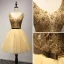 Modern / Fashion Gold Party Dresses 2017 Ball Gown V-Neck Sleeveless Beading Crystal Sequins Metal Sash Short Ruffle Backless Formal Dresses