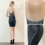 Scintillantes Bleu Marine Paillettes Transparentes Robe De Fete 2018 Trompette / Sirène Encolure Dégagée Sans Manches Faux Diamant Courte Robe De Ceremonie