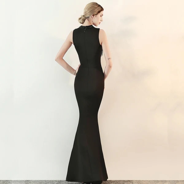 Modern / Fashion Black See-through Evening Dresses  2018 Trumpet / Mermaid High Neck Sleeveless Beading Tassel Floor-Length / Long Formal Dresses