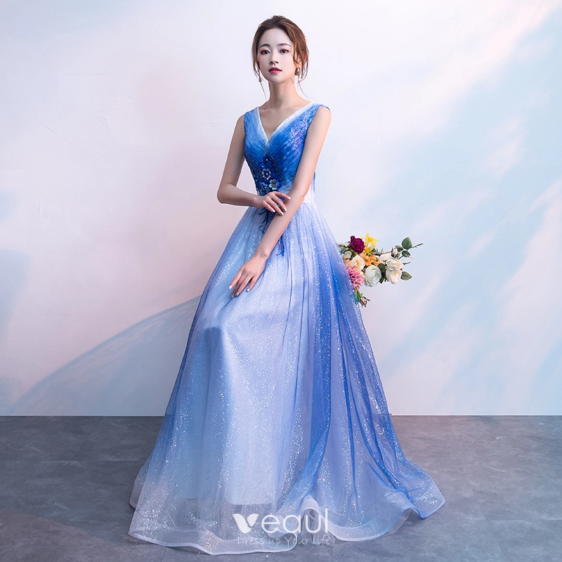 Bling Bling White Gradient Color Royal Blue Evening Dresses 2018 A Line Princess V Neck Sleeveless Appliques Flower Glitter Tulle Floor Length Long Ruffle Backless