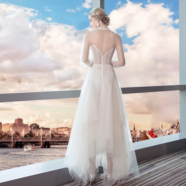 Modern / Fashion Summer See-through Ivory Beach Wedding Dresses 2018 A-Line  / Princess High Neck Long