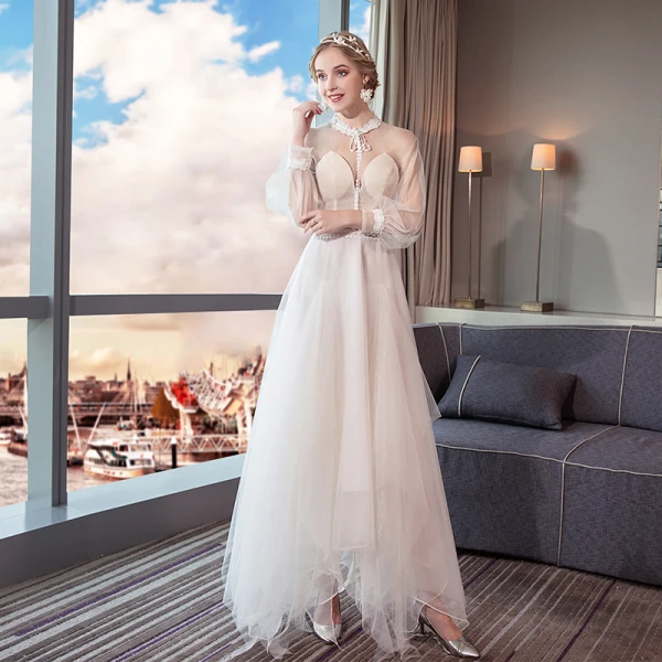 Modern / Fashion Summer See-through Ivory Beach Wedding Dresses 2018 A-Line  / Princess High Neck Long