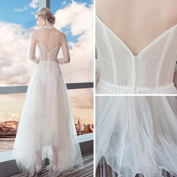 Modern / Fashion Summer See-through Ivory Beach Wedding Dresses 2018 A-Line / Princess High Neck Long Sleeve Backless Appliques Lace Ruffle Ankle Length