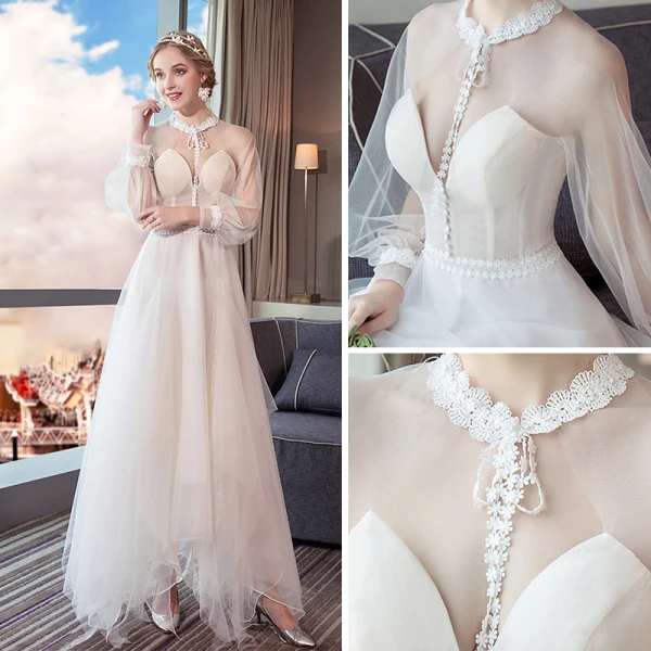 Modern / Fashion Summer See-through Ivory Beach Wedding Dresses 2018 A-Line / Princess High Neck Long Sleeve Backless Appliques Lace Ruffle Ankle Length