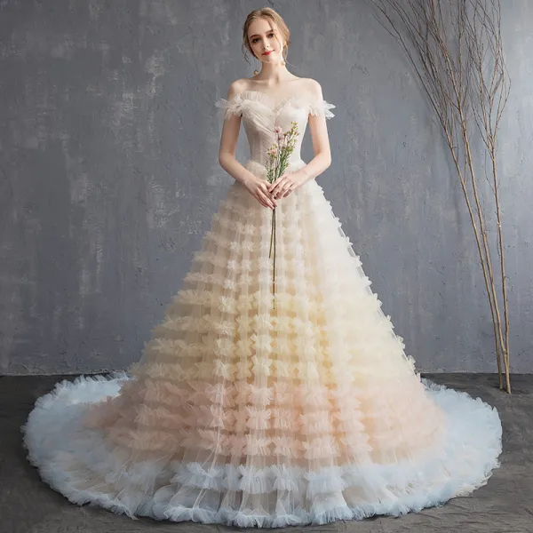 Colored Multi-Colors Wedding Dresses 2018 A-Line / Princess Off-The-Shoulder Short Sleeve Backless Ruffle Cathedral Train