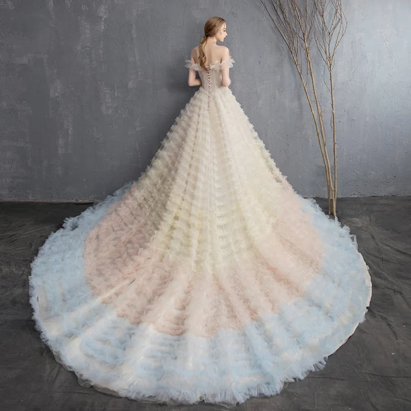 Colored Multi-Colors Wedding Dresses 2018 A-Line / Princess Off-The-Shoulder Short Sleeve Backless Ruffle Cathedral Train