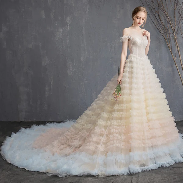 Colored Multi-Colors Wedding Dresses 2018 A-Line / Princess Off-The-Shoulder Short Sleeve Backless Ruffle Cathedral Train