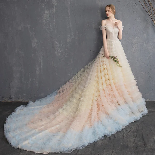 Colored Multi-Colors Wedding Dresses 2018 A-Line / Princess Off-The-Shoulder Short Sleeve Backless Ruffle Cathedral Train