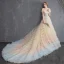 Colored Multi-Colors Wedding Dresses 2018 A-Line / Princess Off-The-Shoulder Short Sleeve Backless Ruffle Cathedral Train