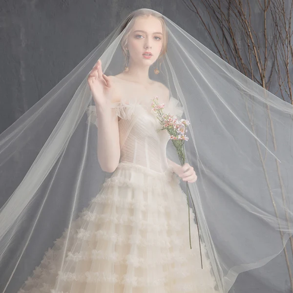 Colored Multi-Colors Wedding Dresses 2018 A-Line / Princess Off-The-Shoulder Short Sleeve Backless Ruffle Cathedral Train