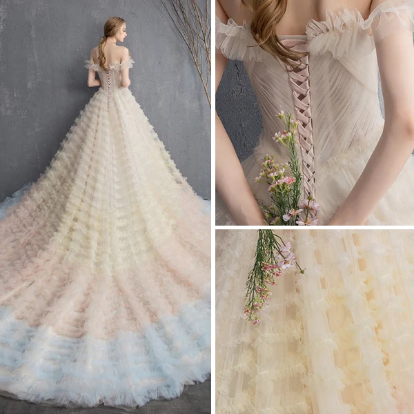 Colored Multi-Colors Wedding Dresses 2018 A-Line / Princess Off-The-Shoulder Short Sleeve Backless Ruffle Cathedral Train