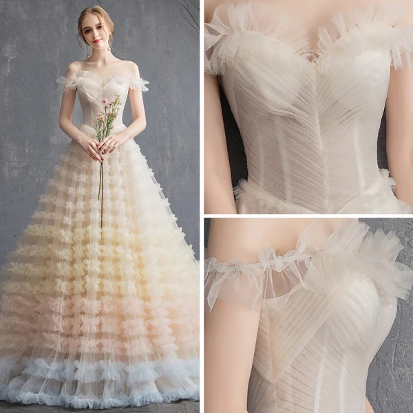 Colored Multi-Colors Wedding Dresses 2018 A-Line / Princess Off-The-Shoulder Short Sleeve Backless Ruffle Cathedral Train